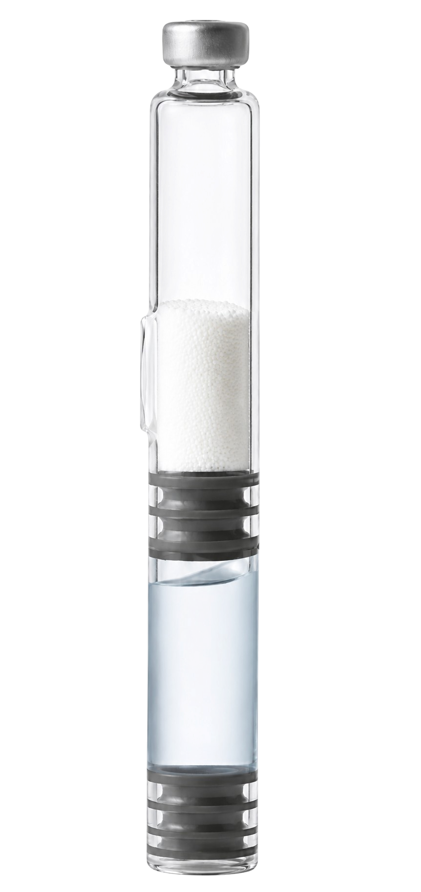 PCP transparent dual-chamber peptide cartridge showing lyophilised peptide in the upper chamber and sterile diluent in the lower chamber